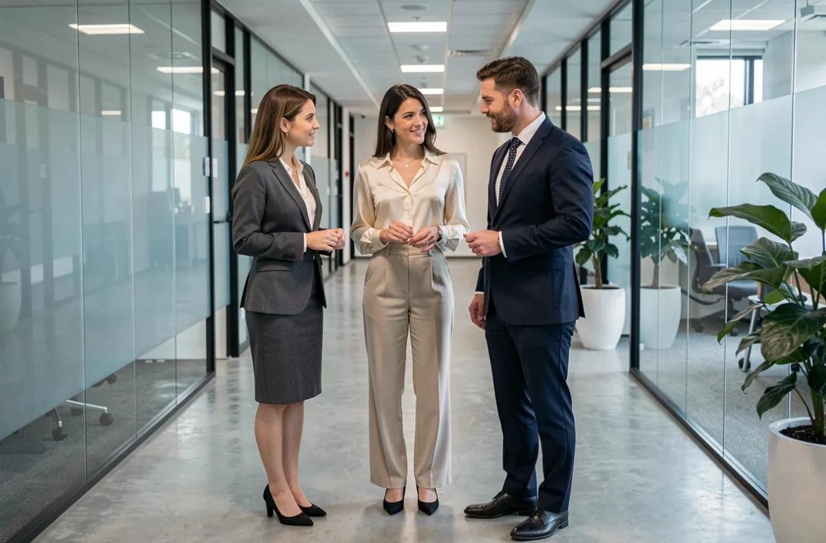 Trois collègues en tenues professionnelles comparant leurs vêtements dans un couloir de bureau