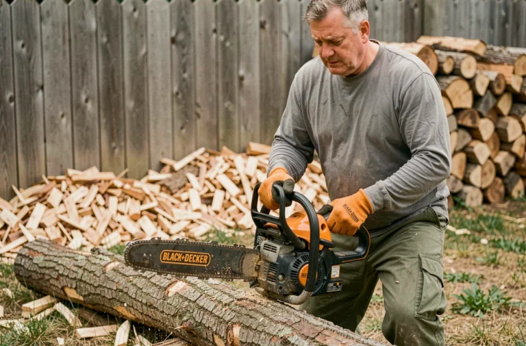 Homme utilisant une tronçonneuse sans fil Black+Decker dans un jardin avec des bûches empilées