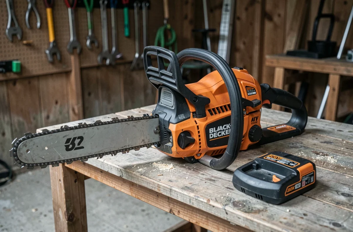 Tronçonneuse Black+Decker GKC3630L25 posée sur un établi avec la batterie amovible visible