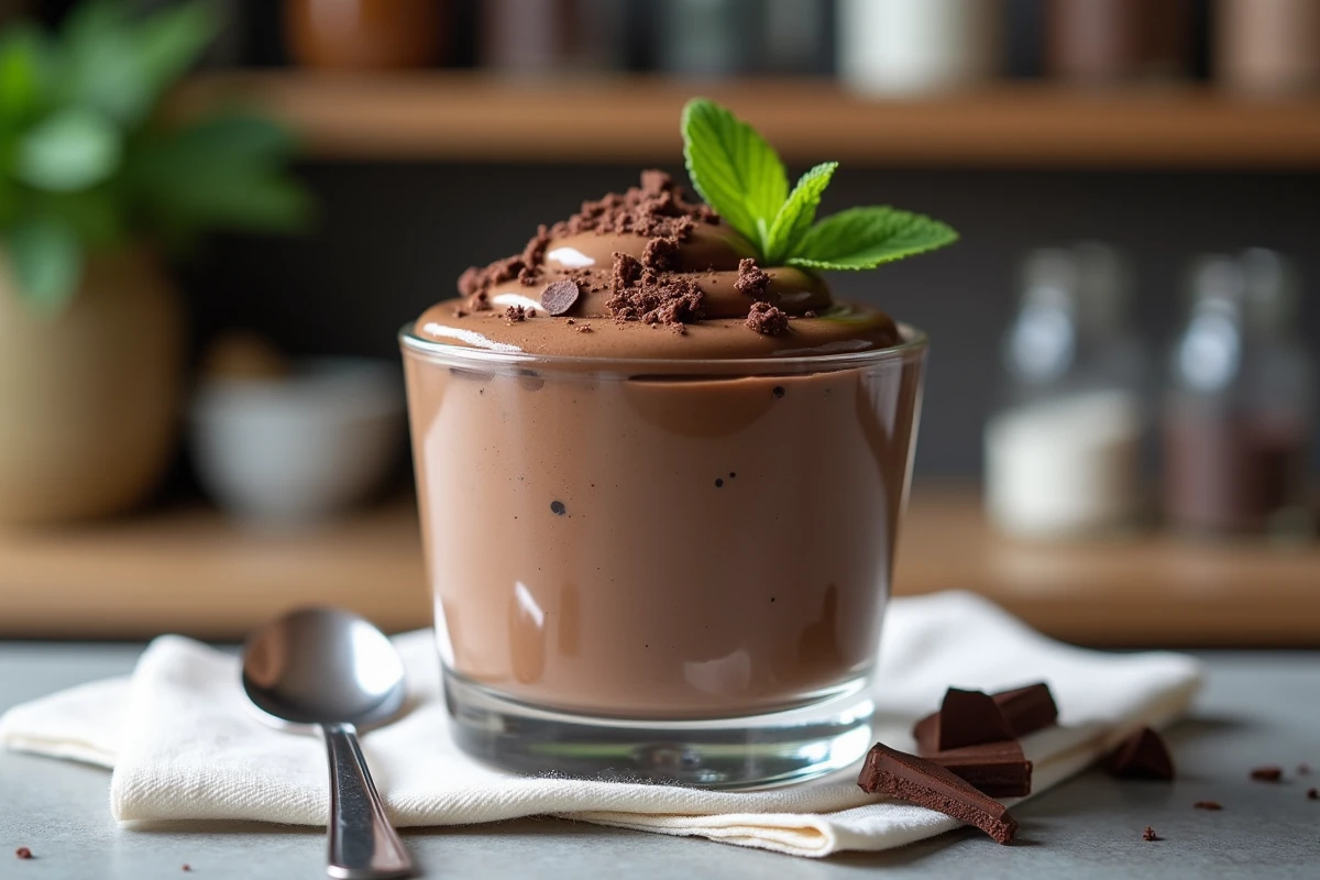 Verre de mousse au chocolat décoré de chocolat et menthe dans la cuisine