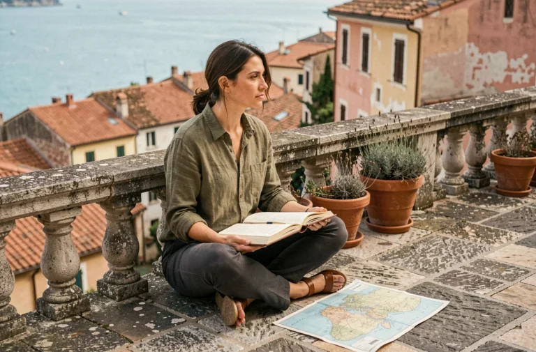 Voyageuse solitaire consultant sa carte et son journal sur une terrasse en pierre face à un village méditerranéen pittoresque