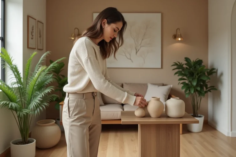 Femme stylée arrangeant des vases en céramique dans un salon moderne